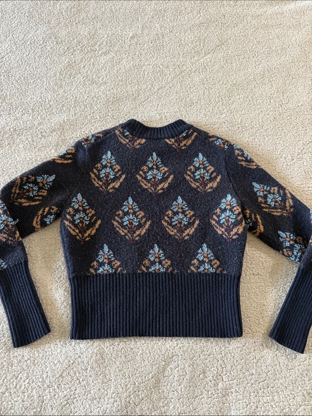 Tory Burch 100% Wool Beaded Navy Crewneck Sweater with Light Blue and Tan Motifs